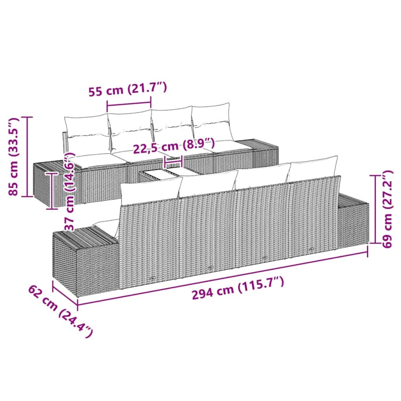 vidaXL Dārza dīvānu komplekts ar spilvenu 7 pcs Melna poliratāns