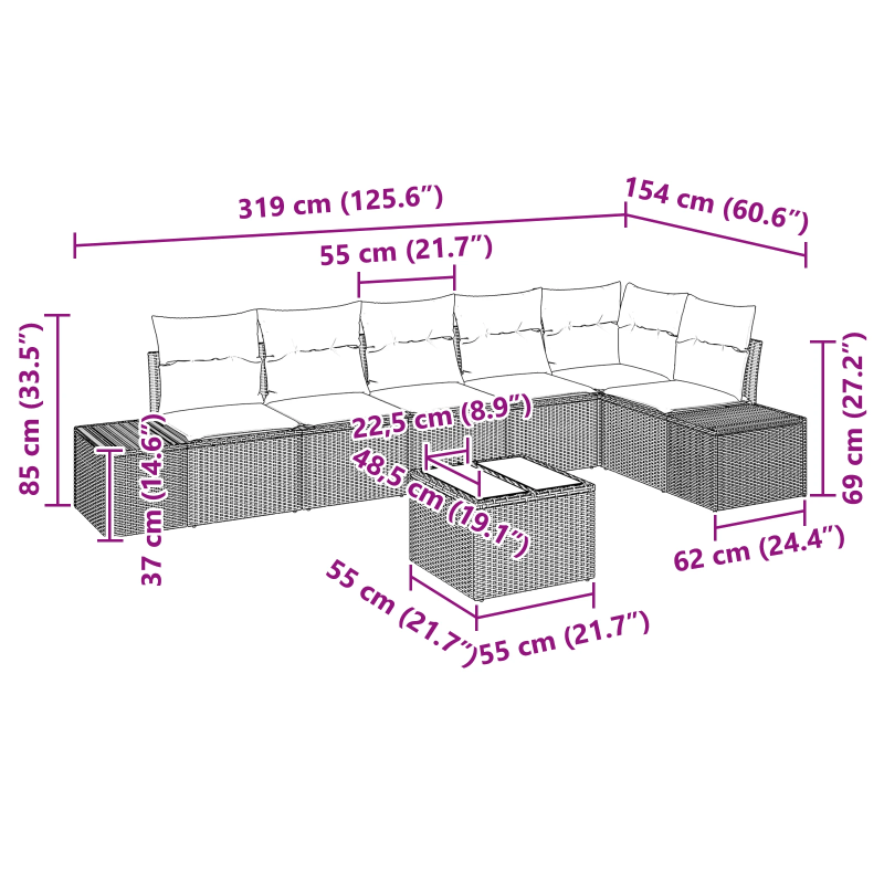 vidaXL Dārza dīvānu komplekts ar spilvenu 7 pcs Melna poliratāns