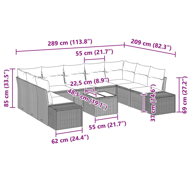 vidaXL Dārza dīvānu komplekts ar spilvenu 10 pcs Pelēka poliratāns