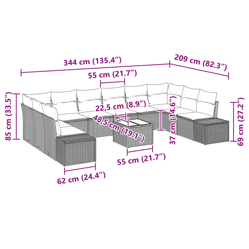vidaXL Dārza dīvānu komplekts 11 pcs Gaiši pelēks poliratāns