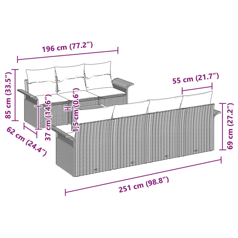 vidaXL Dārza dīvānu komplekts ar spilvenu 8 pcs Pelēka poliratāns