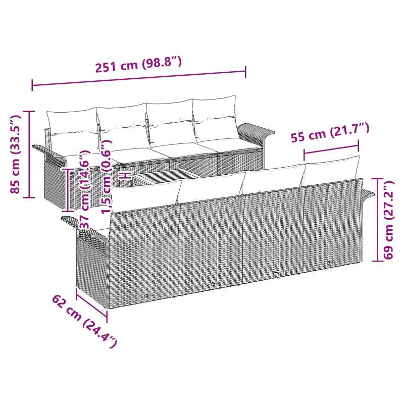 vidaXL Dārza dīvānu komplekts ar spilvenu 9 pcs Melna poliratāns