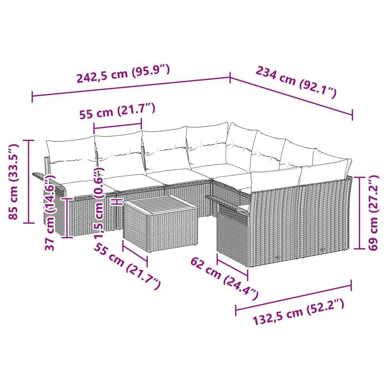 vidaXL Dārza dīvānu komplekts ar spilvenu 9 pcs Melna poliratāns