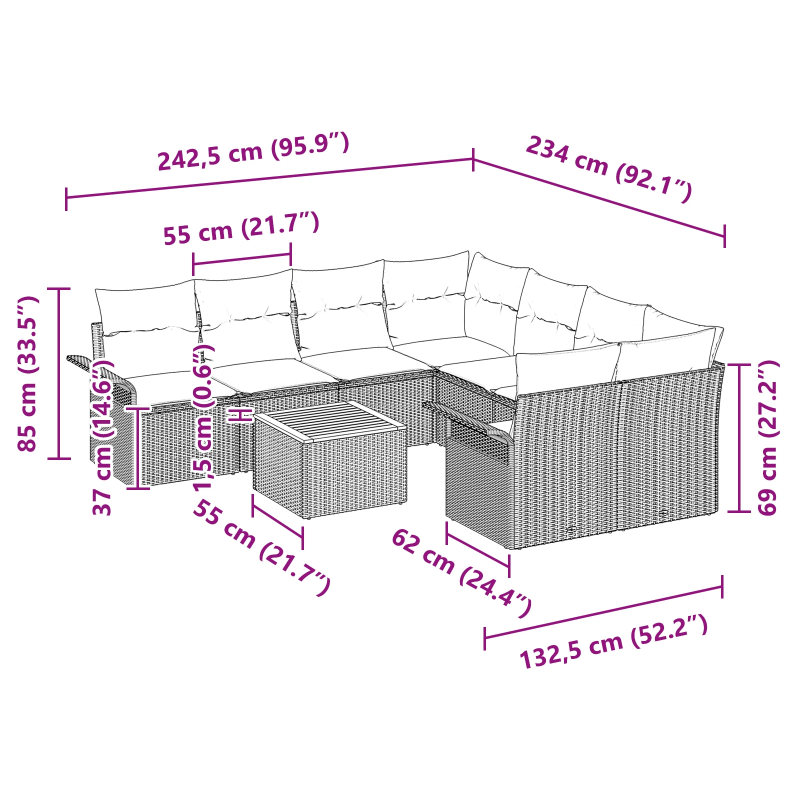 vidaXL Dārza dīvānu komplekts ar spilvenu 9 pcs Pelēka poliratāns