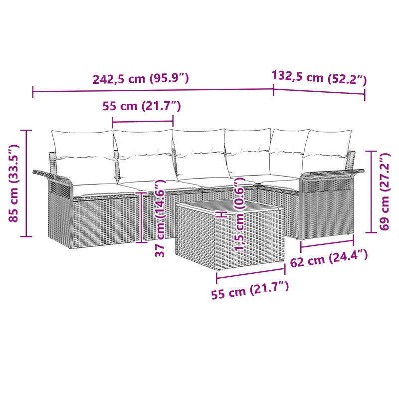 vidaXL Dārza dīvānu komplekts ar spilvenu 6 pcs Bēša poliratāns