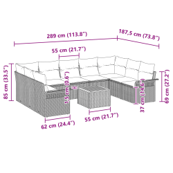 vidaXL Dārza dīvānu komplekts ar spilvenu 10 pcs Pelēka poliratāns
