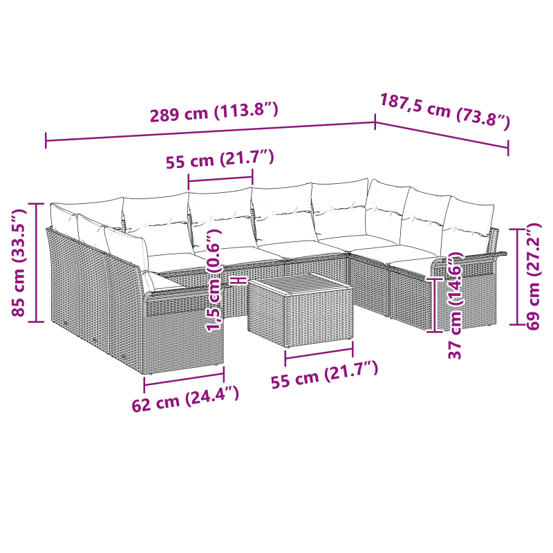 vidaXL Dārza dīvānu komplekts ar spilvenu 10 pcs Pelēka poliratāns