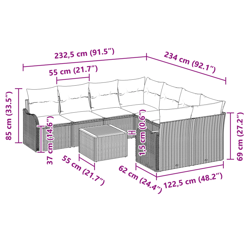 vidaXL Dārza dīvānu komplekts 9 pcs Bēša Poliūtu rotangpalma