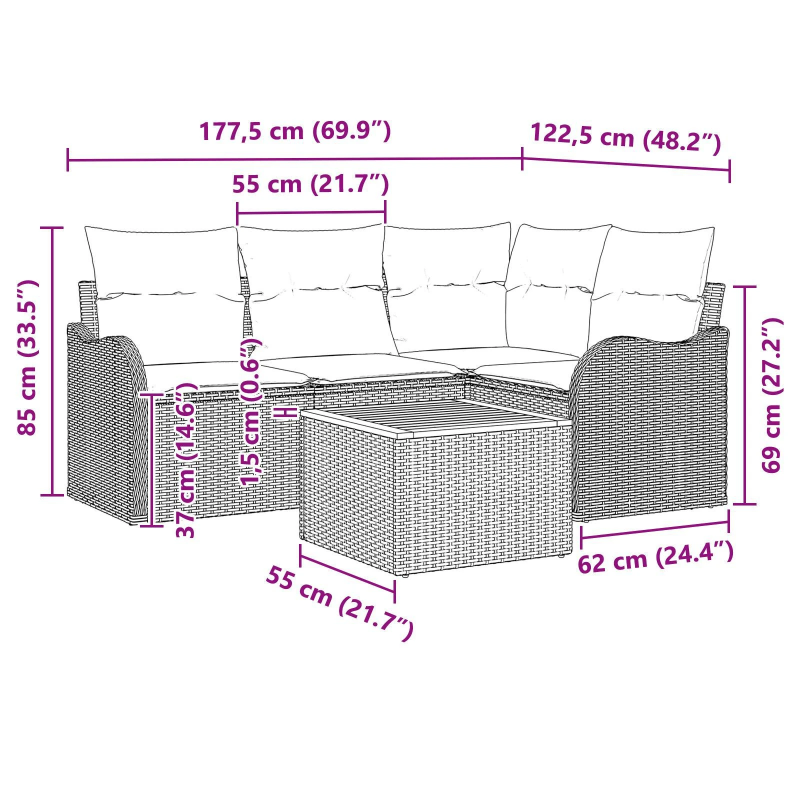 vidaXL Dārza dīvānu komplekts ar spilvenu 5 pcs Melna poliratāns
