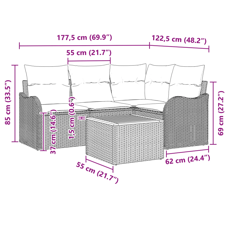 vidaXL Dārza dīvānu komplekts ar spilvenu 5 pcs Melna poliratāns