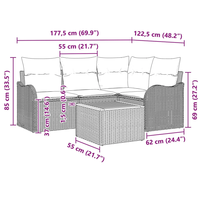 vidaXL Dārza dīvānu komplekts ar spilvenu 5 pcs Melna poliratāns