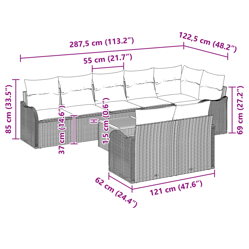 vidaXL Dārza dīvānu komplekts ar spilvenu 9 pcs Pelēka poliratāns