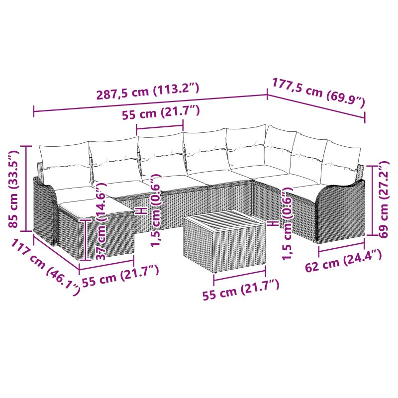 vidaXL Dārza dīvānu komplekts ar spilvenu 9 pcs Melna poliratāns