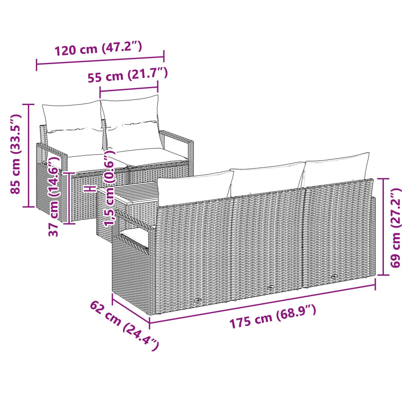 vidaXL Dārza dīvānu komplekts ar spilvenu 6 pcs Pelēka poliratāns