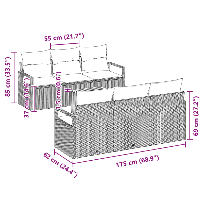 vidaXL Dārza dīvānu komplekts 7 pcs Melna Poliūtu rotangpalma
