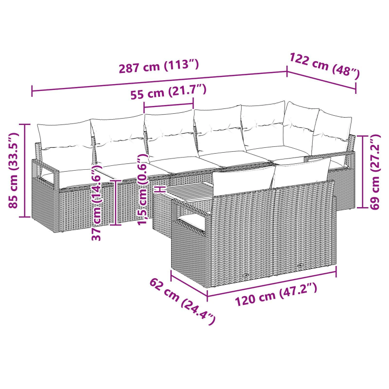 vidaXL Dārza dīvānu komplekts ar spilvenu 9 pcs Bēša poliratāns