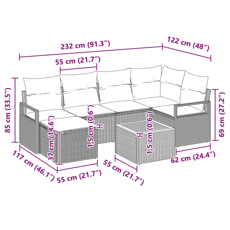 vidaXL Dārza dīvānu komplekts 7 pcs Pelēka Poliūtu rotangpalma