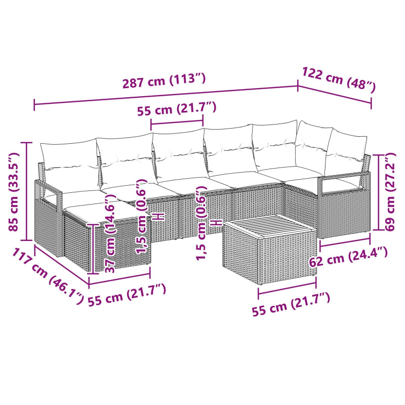 vidaXL Dārza dīvānu komplekts 8 pcs Melna Poliūtu rotangpalma