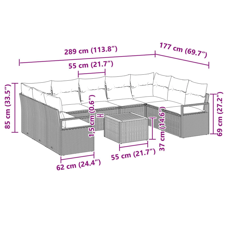vidaXL Dārza dīvānu komplekts 10 pcs Pelēka Poliūtu rotangpalma