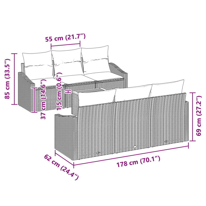 vidaXL Dārza dīvānu komplekts ar spilvenu 7 pcs Melna poliratāns