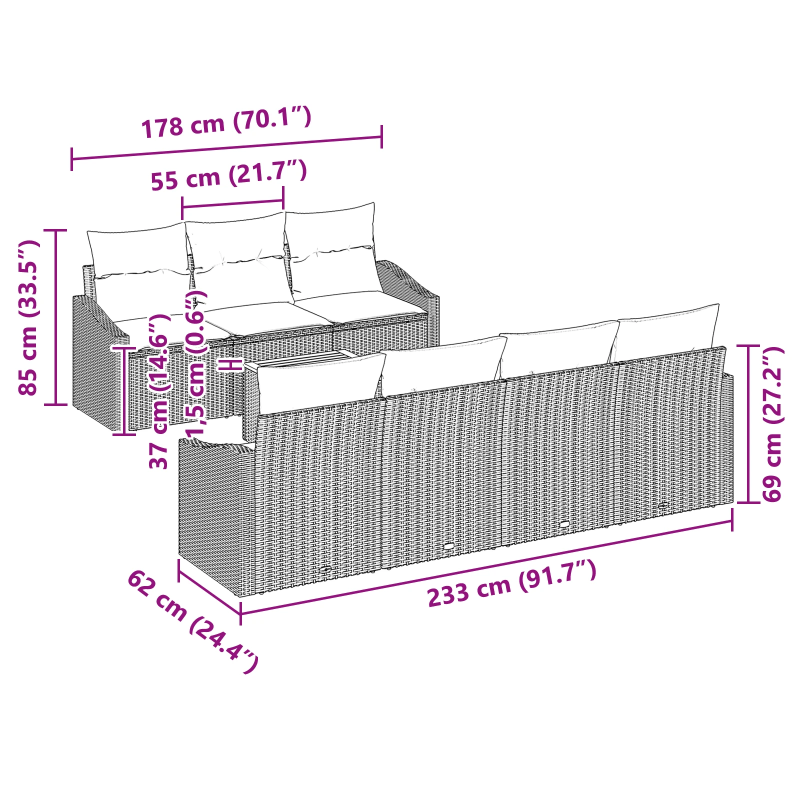 vidaXL Dārza dīvānu komplekts ar spilvenu 8 pcs Pelēka poliratāns