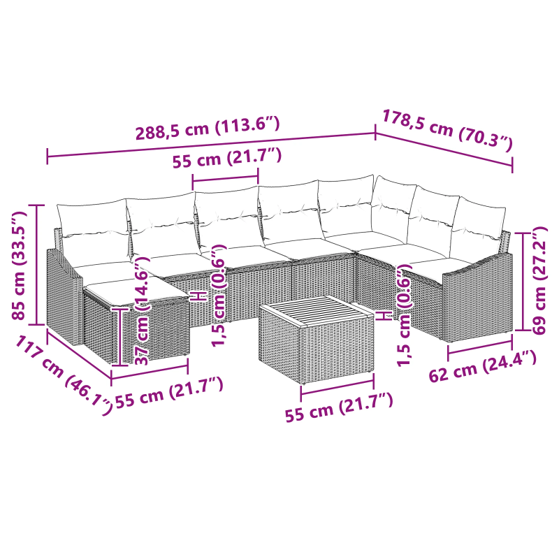 vidaXL Dārza dīvānu komplekts 9 pcs Melna Poliūtu rotangpalma
