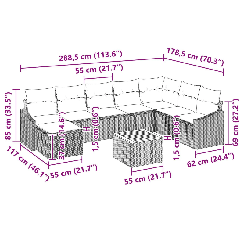 vidaXL Dārza dīvānu komplekts 9 pcs Melna Poliūtu rotangpalma