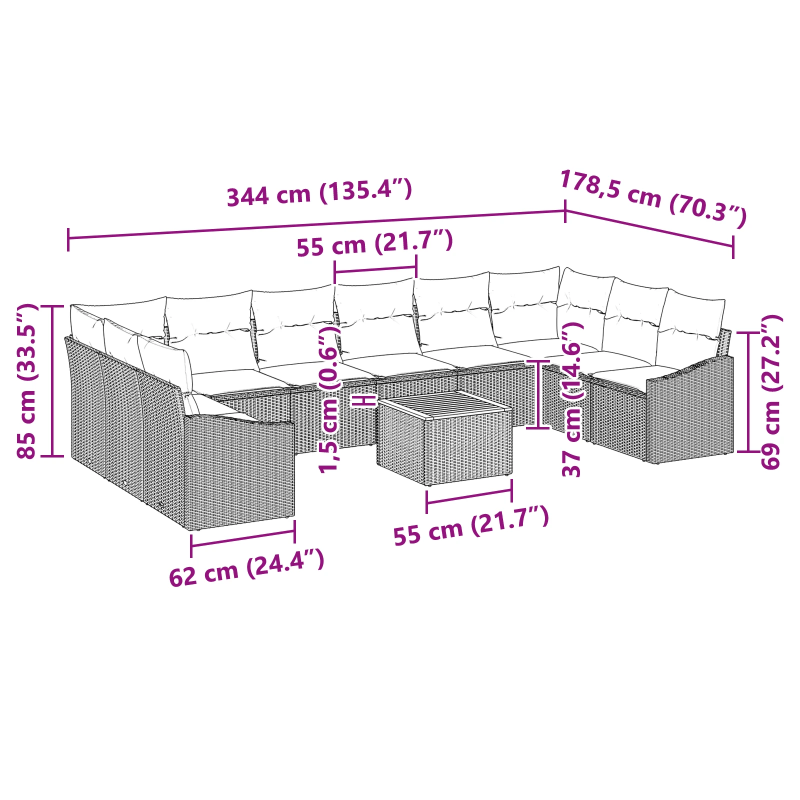 vidaXL Dārza dīvānu komplekts ar spilvenu 11 pcs Melna poliratāns
