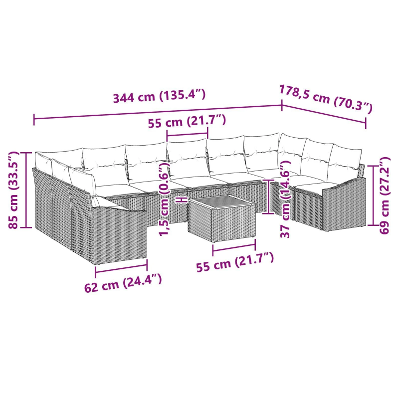 vidaXL Dārza dīvānu komplekts ar spilvenu 11 pcs Melna poliratāns