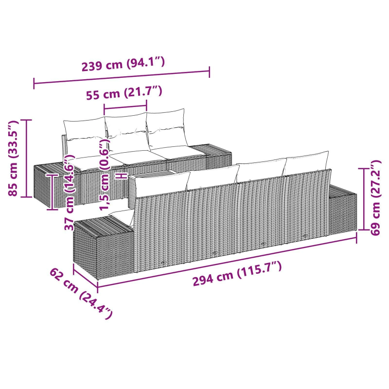 vidaXL Dārza dīvānu komplekts ar spilvenu 8 pcs Melna poliratāns