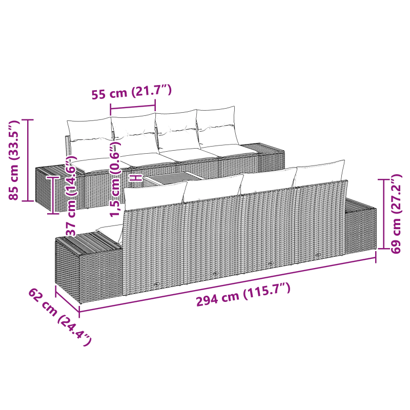 vidaXL Dārza dīvānu komplekts 9 pcs Bēša Poliūtu rotangpalma