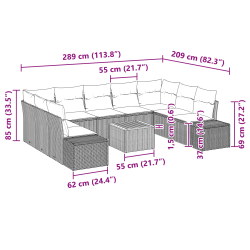 vidaXL Dārza dīvānu komplekts ar spilvenu 10 pcs Pelēka poliratāns