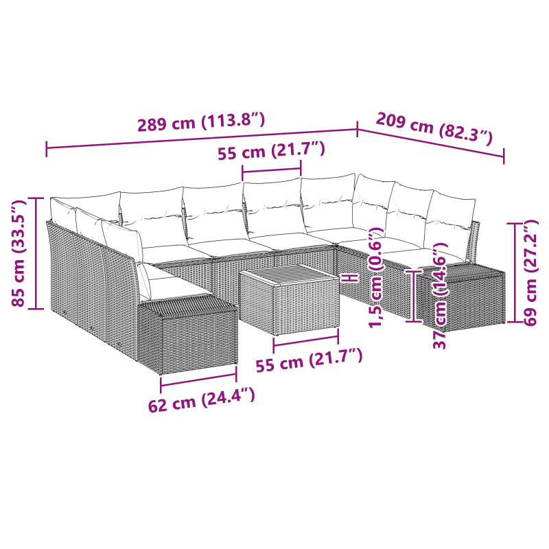 vidaXL Dārza dīvānu komplekts ar spilvenu 10 pcs Pelēka poliratāns