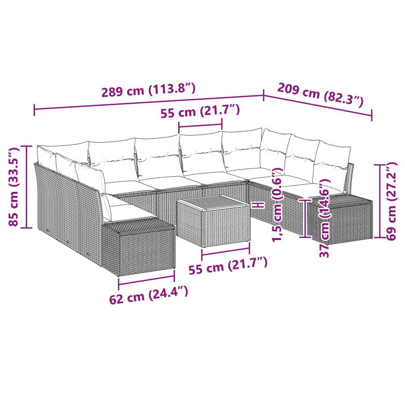 vidaXL Dārza dīvānu komplekts ar spilvenu 10 pcs Melna poliratāns