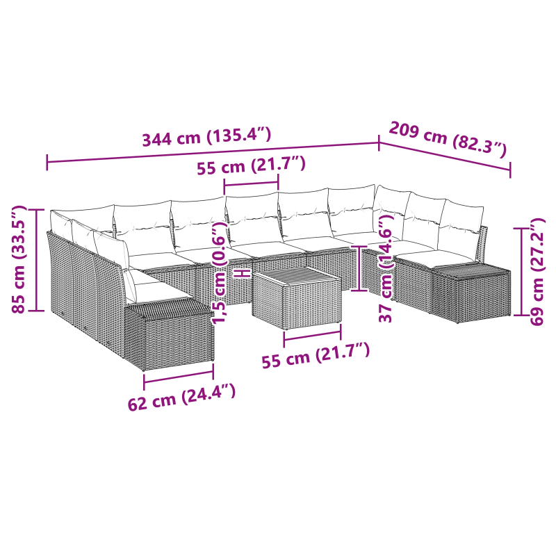 vidaXL Dārza dīvānu komplekts ar spilvenu 11 pcs Bēša poliratāns