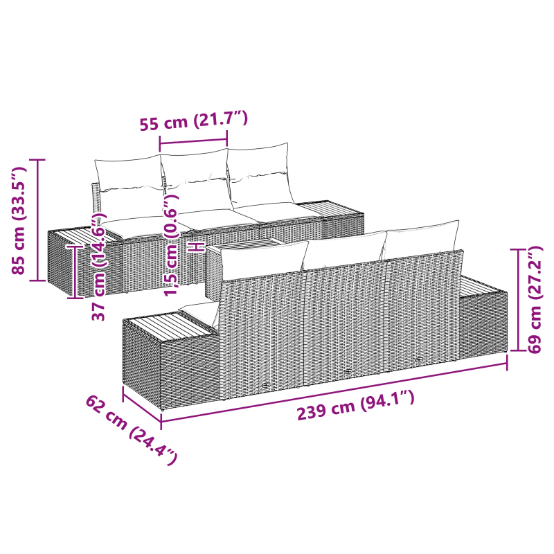 vidaXL Dārza dīvānu komplekts 7 pcs Bēša Poliūtu rotangpalma