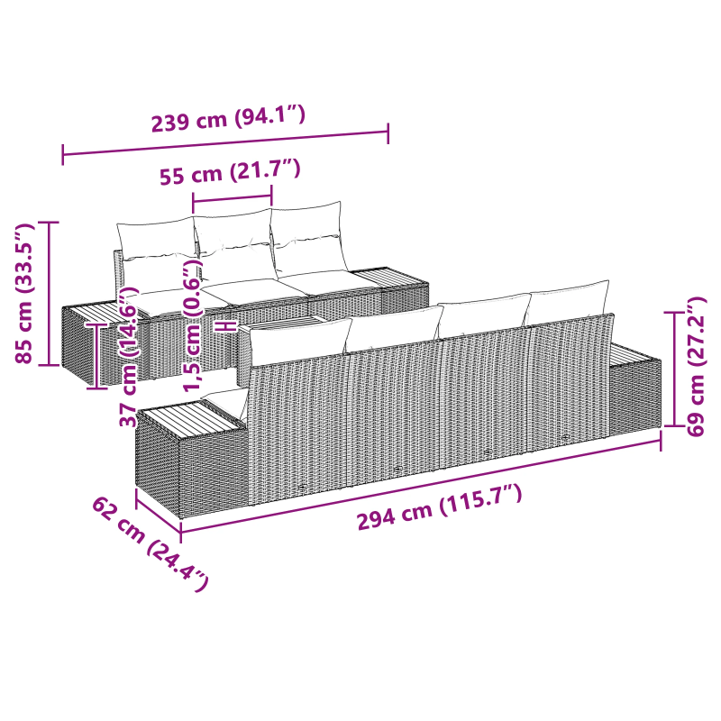vidaXL Dārza dīvānu komplekts 8 pcs Pelēka Poliūtu rotangpalma