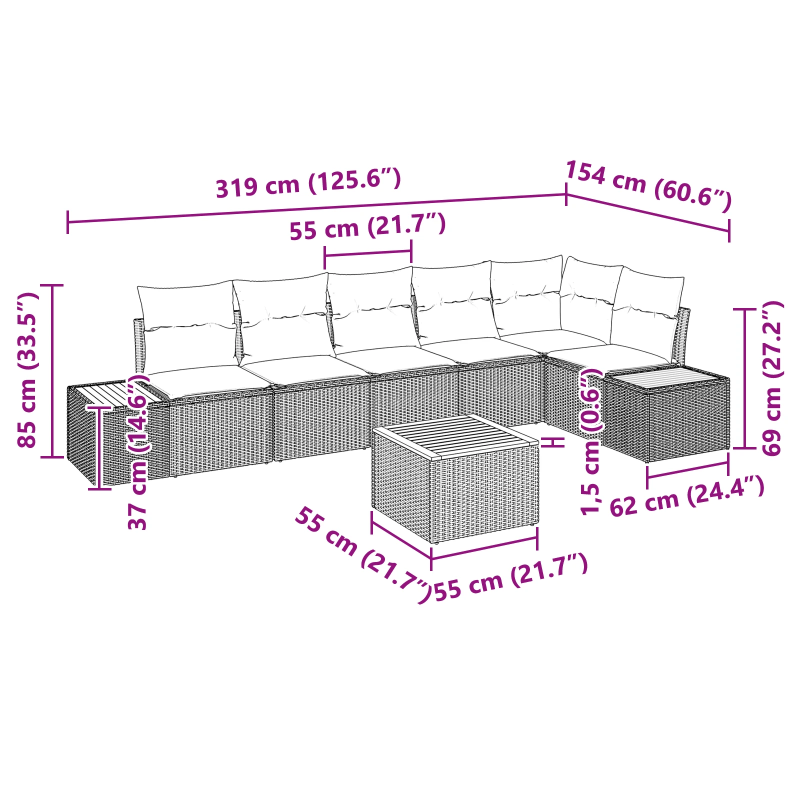 vidaXL Dārza dīvānu komplekts 7 pcs Melna Poliūtu rotangpalma