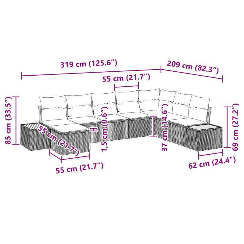 vidaXL Dārza dīvānu komplekts 8 pcs Bēša Poliūtu rotangpalma