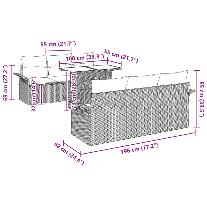 vidaXL Dārza dīvānu komplekts ar spilvenu 7 pcs Brūna poliratāns