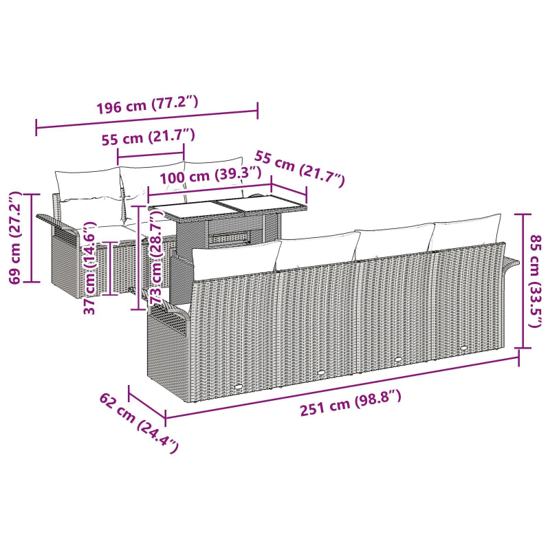 vidaXL Dārza dīvānu komplekts ar spilvenu 8 pcs Pelēka poliratāns