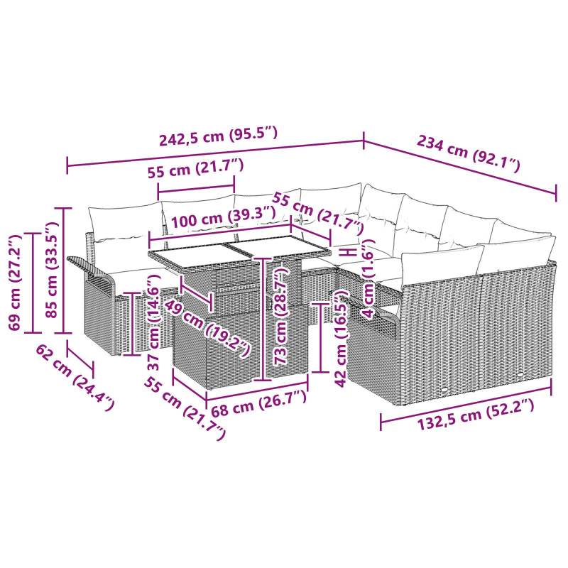vidaXL Dārza dīvānu komplekts 9 pcs Melna Poliūtu rotangpalma
