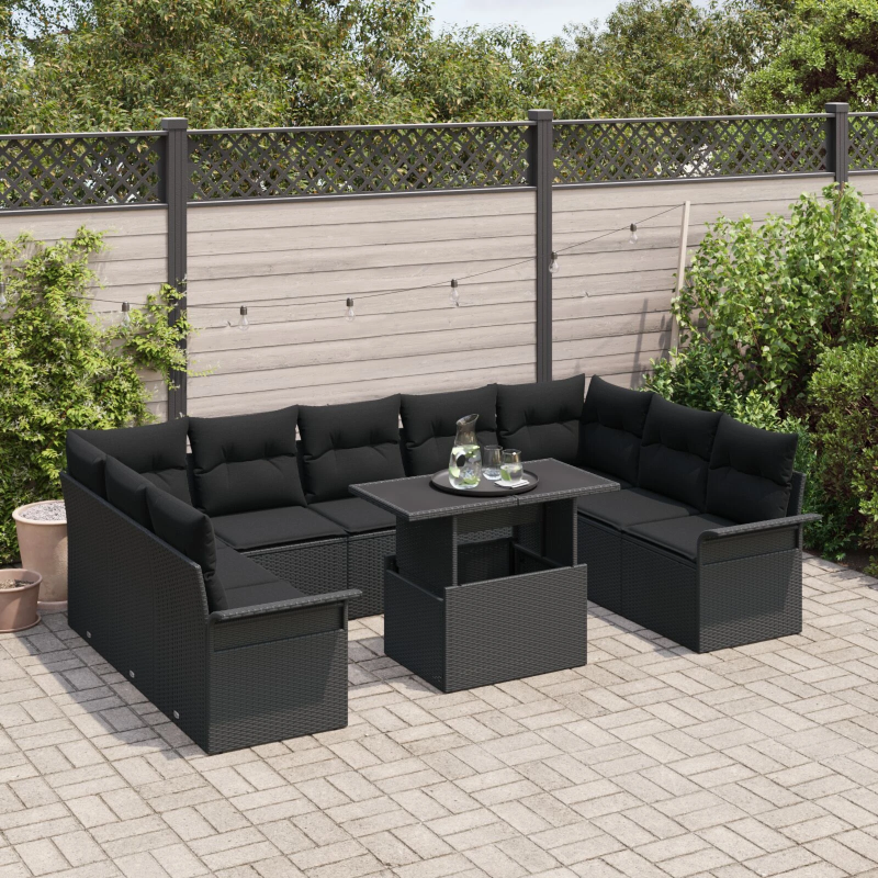 vidaXL Dārza dīvānu komplekts 10 pcs Melna Poliūtu rotangpalma