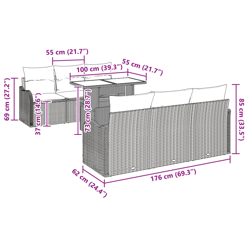 vidaXL Dārza dīvānu komplekts 7 pcs Pelēka Poliūtu rotangpalma