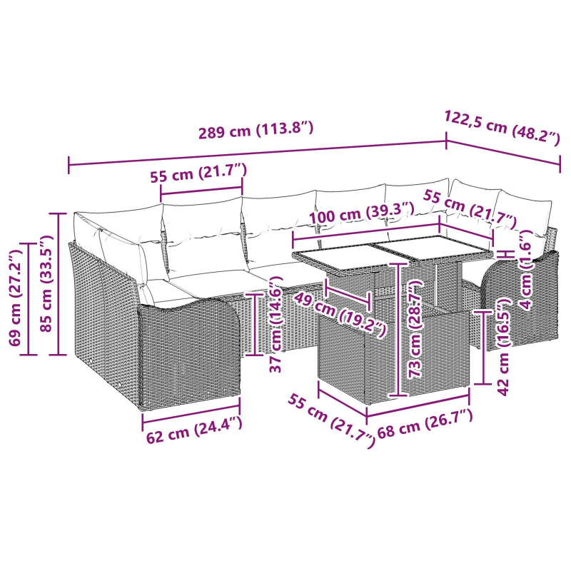vidaXL Dārza dīvānu komplekts ar spilvenu 8 pcs Melna poliratāns