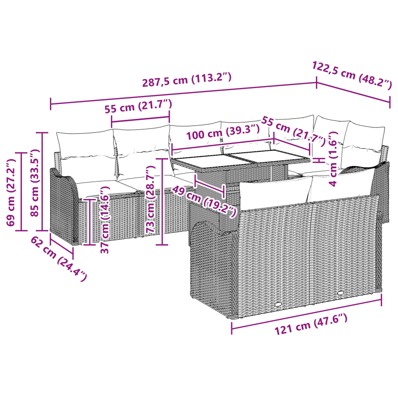 vidaXL Atpūtas komplekts ar spilvenu 9 pcs Melna Poliūtu rotangpalma