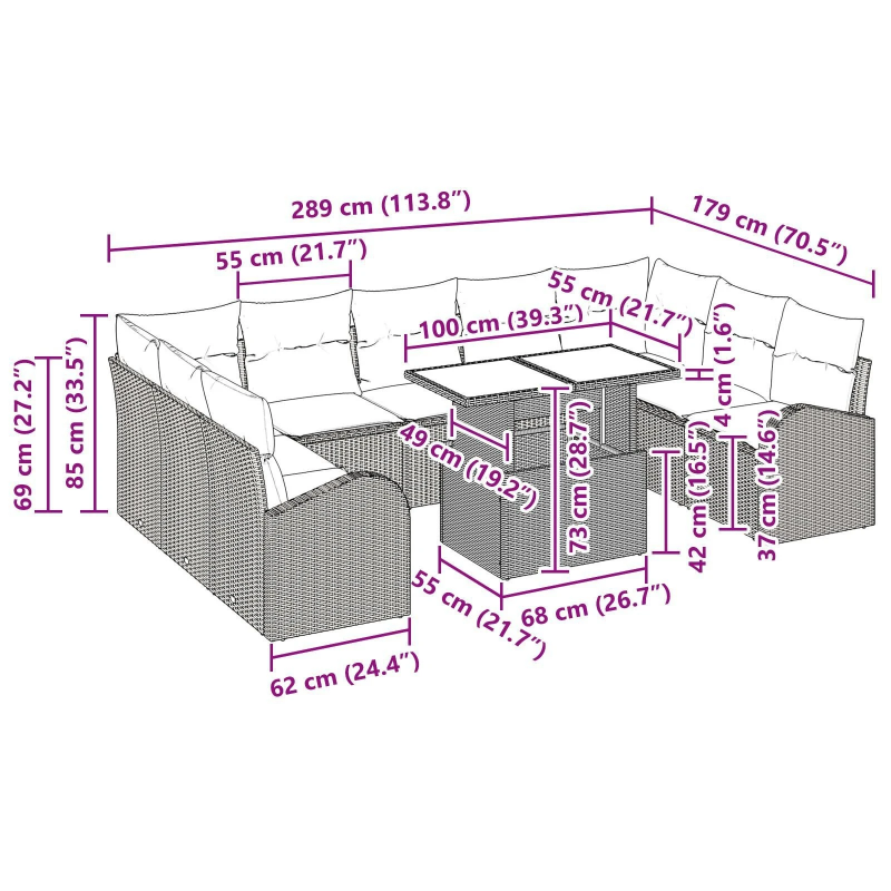 vidaXL Dīvānu komplekts ar spilvenu 10 pcs Melna poliratāns