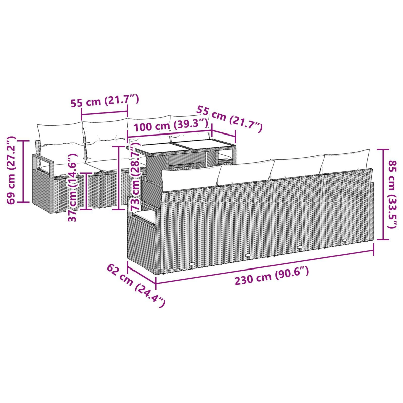 vidaXL Dārza dīvānu komplekts ar uzglabāšanu 9 pcs Melna poliratāns