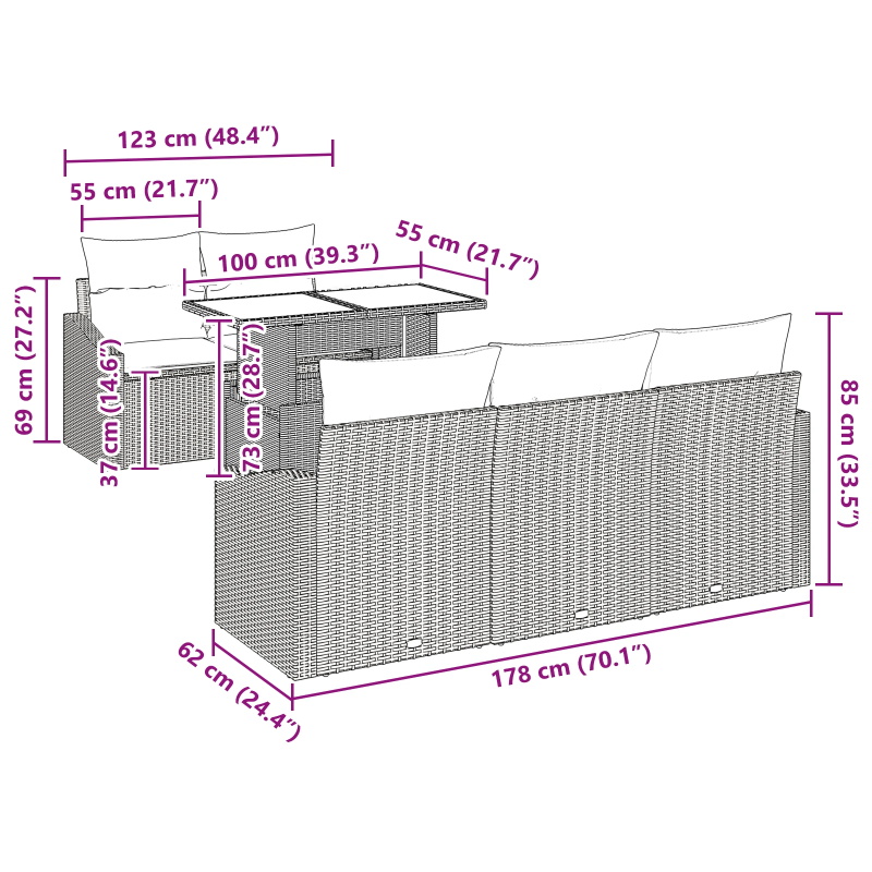 vidaXL Dārza dīvānu komplekts ar uzglabāšanu 6 pcs Melna poliratāns