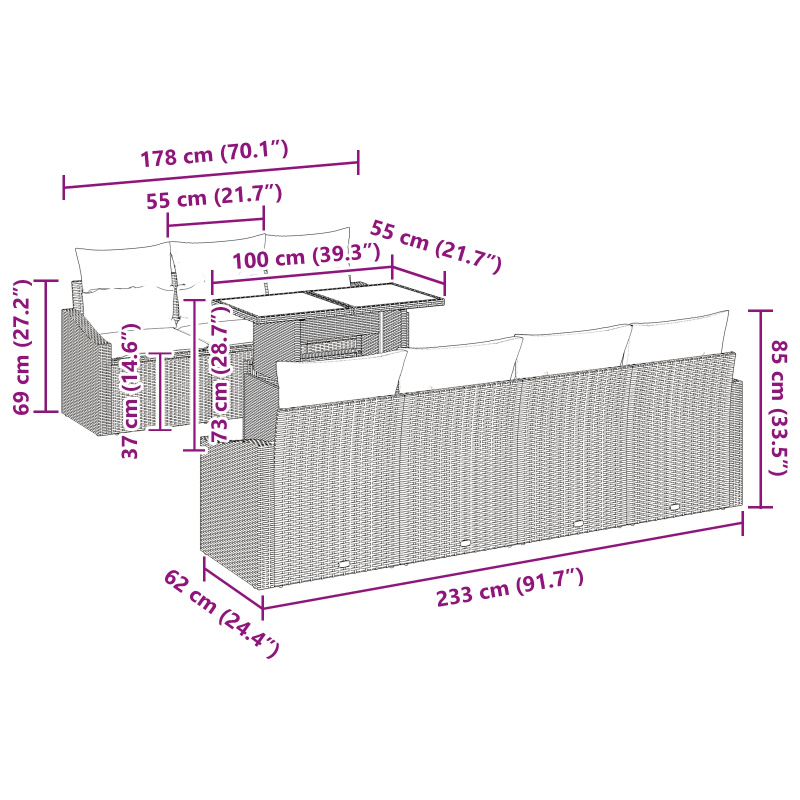vidaXL Dārza dīvānu komplekts ar spilvenu 8 pcs Melna poliratāns